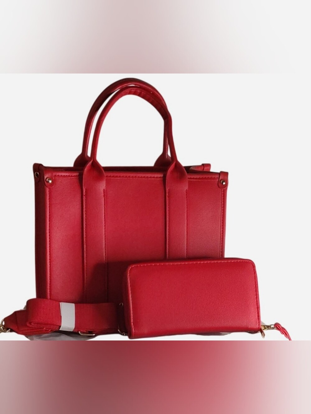 (Price Firm) Red Structured Tote with Matching Zip Wallet and Strap